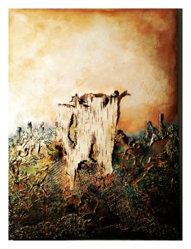 "Das Versprechen des Morgens" Acryl mit Rinde, Gesso und Netzen.
80 cm x 60 cm